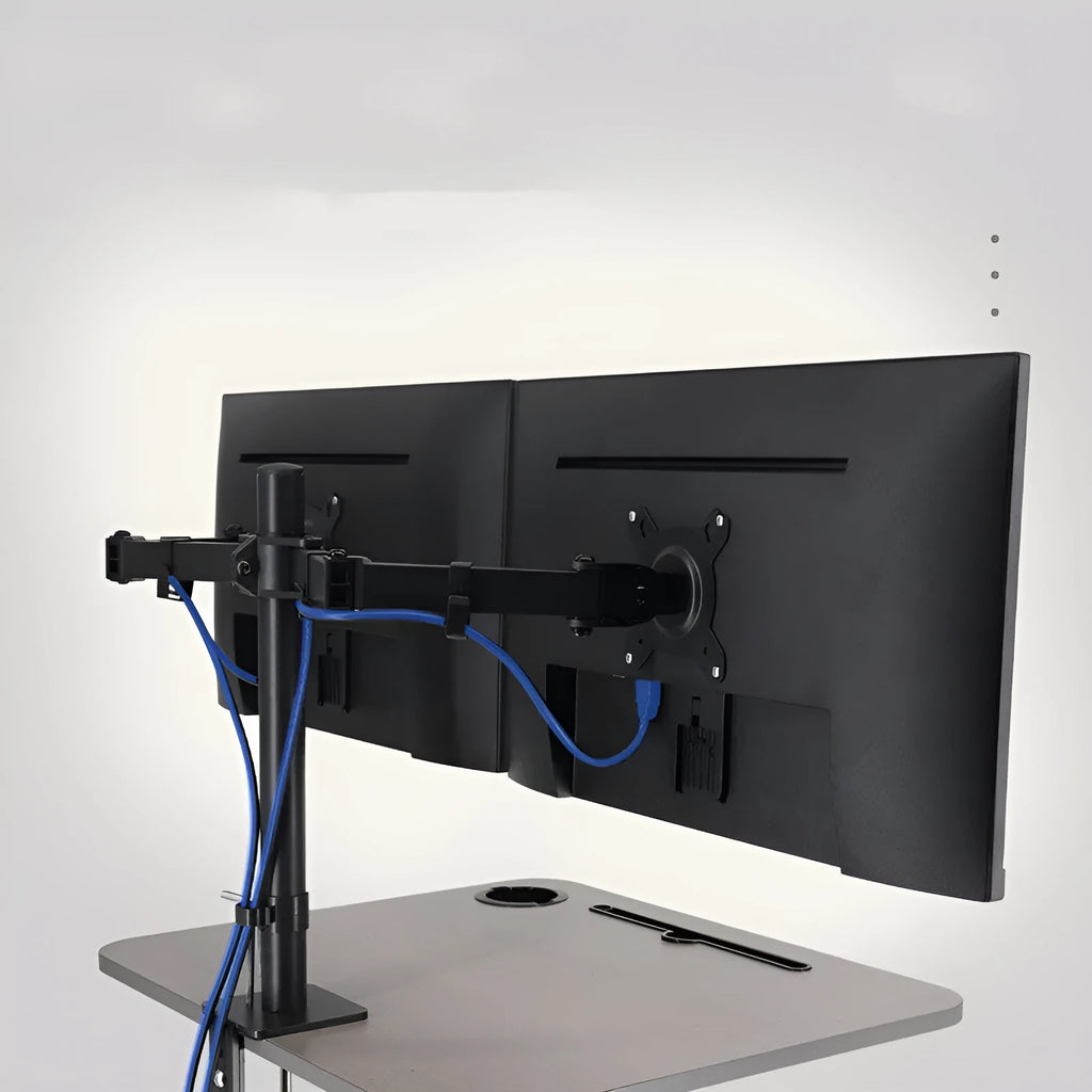 Silver metal lifting and rotating VESA monitor bracket for 13 to 32 inch screens.