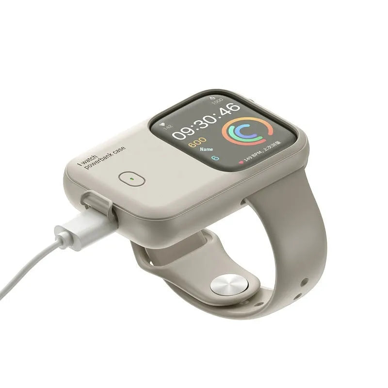 Apple Watch portable charging case power bank in brown, midnight blue, or starlight colour with silicone protection case.