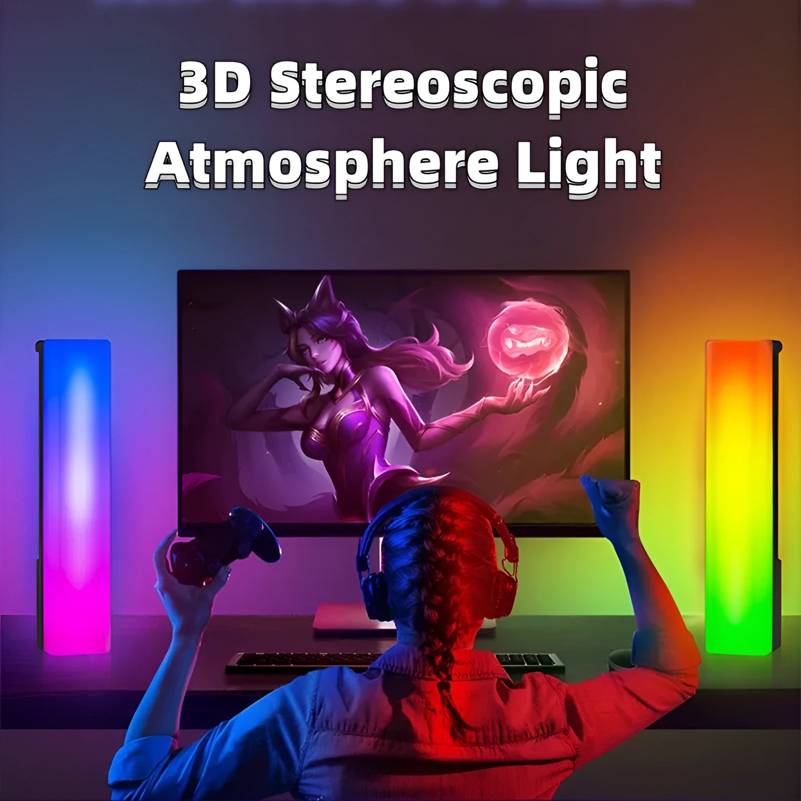 3D RGB table lamp with colourful rhythm lighting on desk beside gaming PC