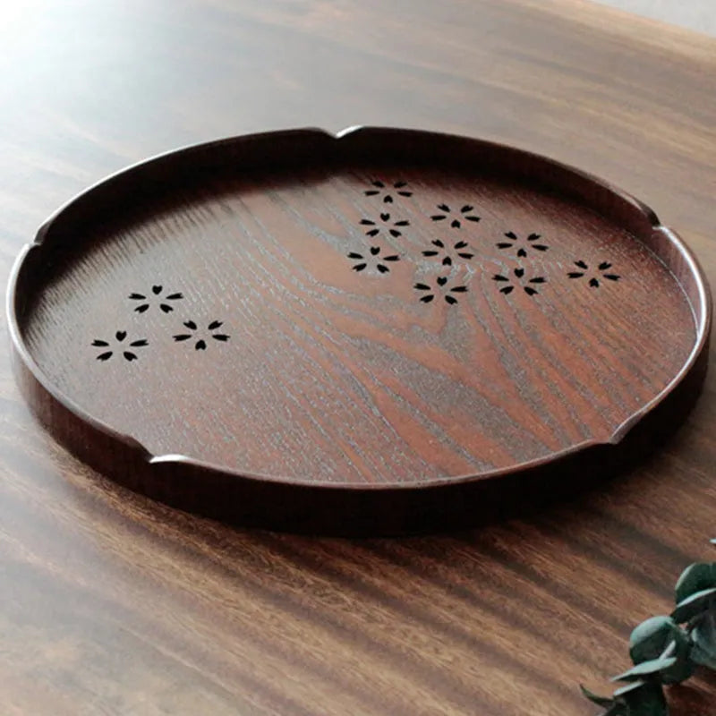 Wooden Japanese sakura pattern serving plate with cherry blossom cut-out design