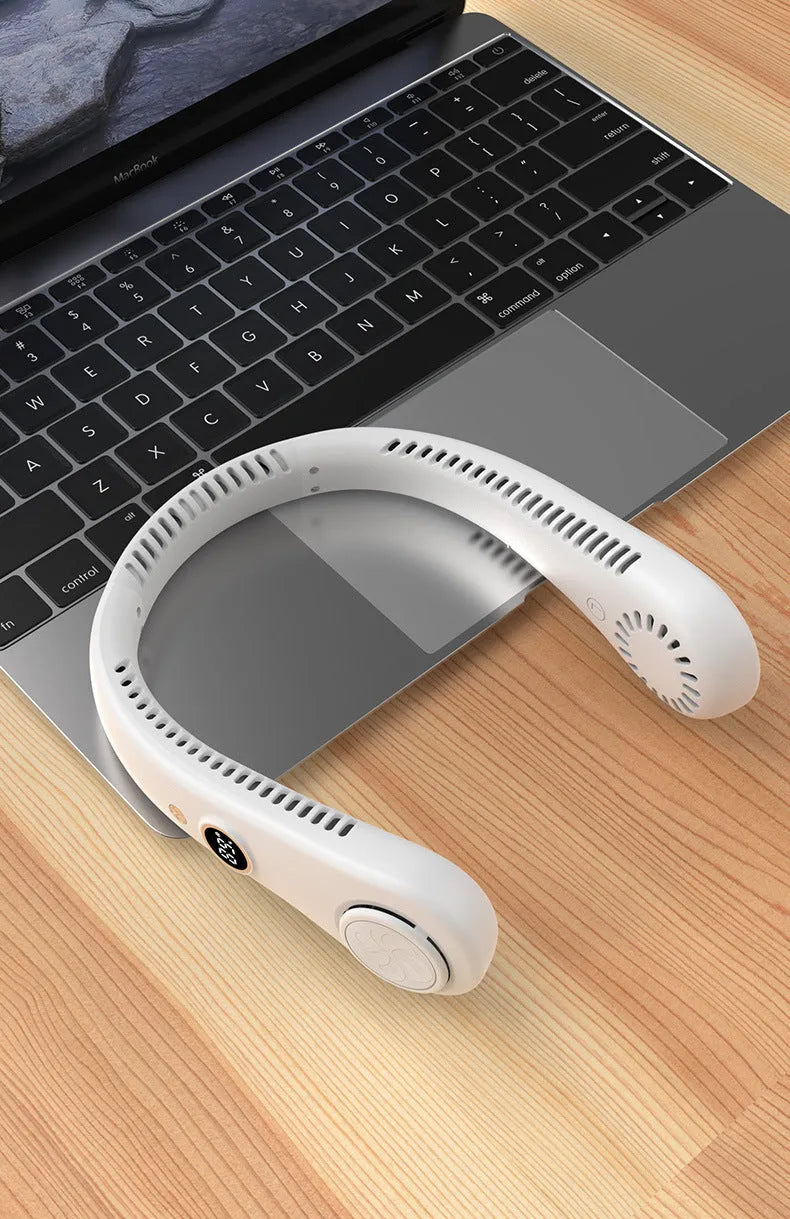 Pink USB rechargeable bladeless neck fan being worn, showing its lightweight and comfortable design.