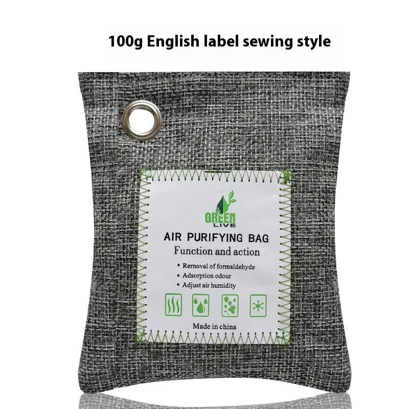 Bamboo charcoal wrapped activated carbon bag for formaldehyde removal in 100g, 200g, and 500g sizes.