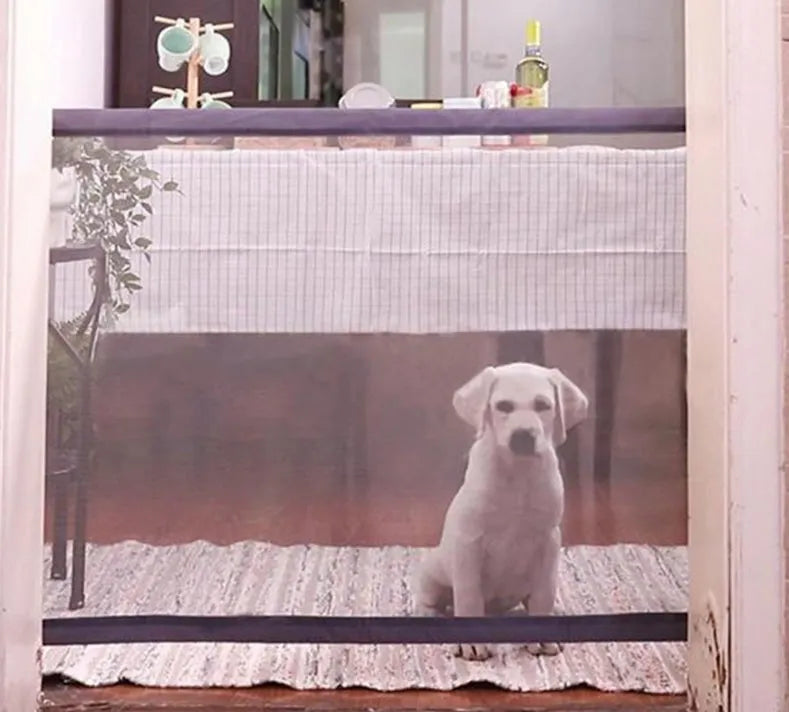 Dog security fence nylon mesh and stainless steel tube in beige 110x72cm for doorway pet barrier