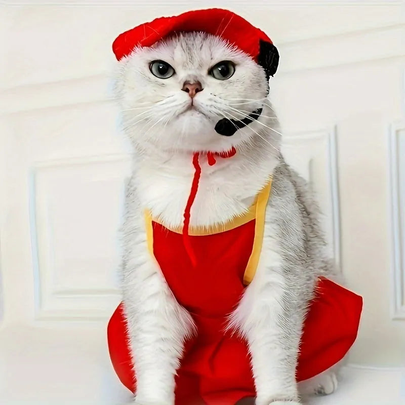 Light blue handmade cat chef hat and matching cotton knitted sweater pet costume set