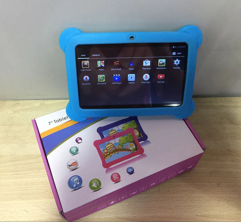 Children's tablet with 7-inch capacitive touch screen in black, showing front view with home button