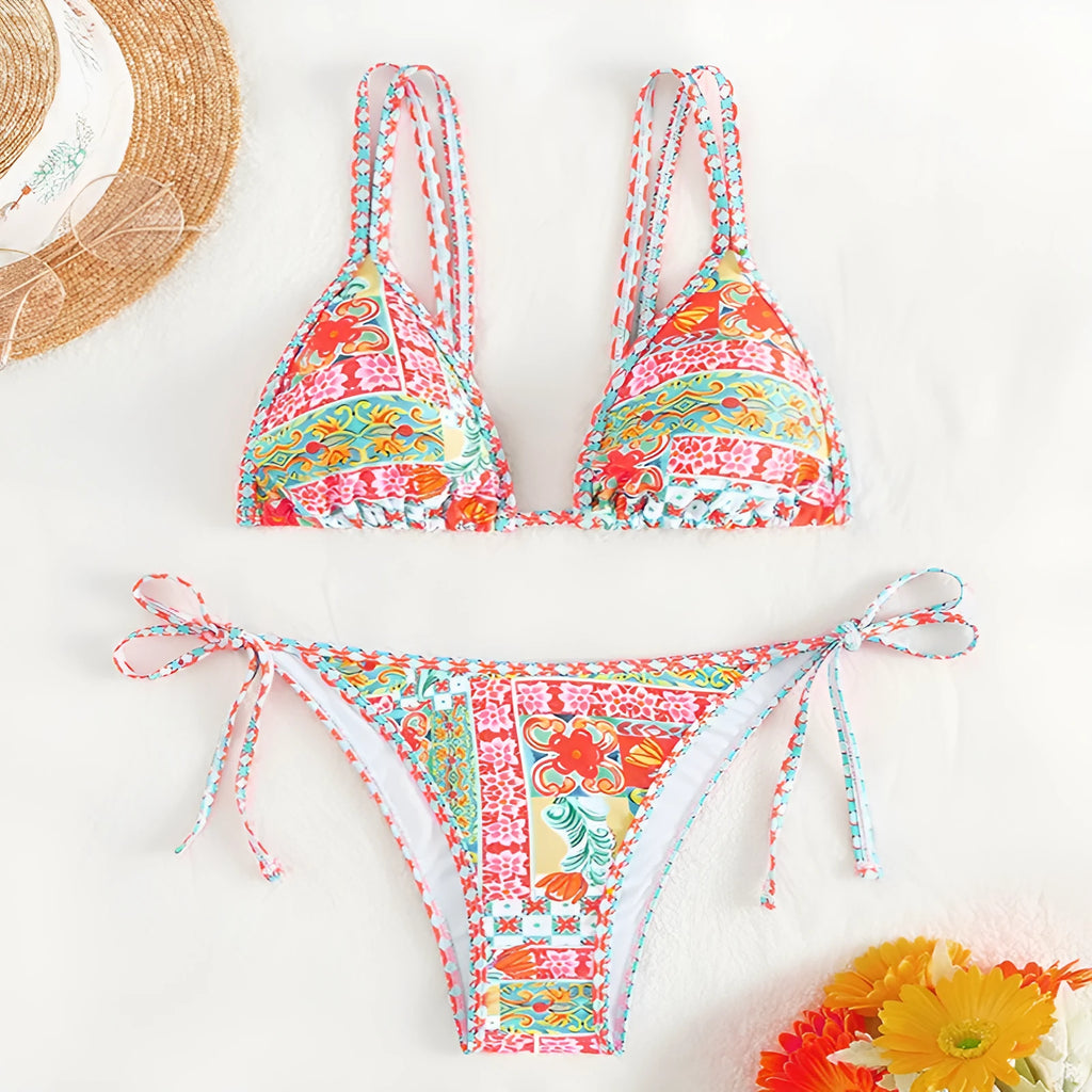 Women's lace-up back swimsuit with split cut design in picture colour