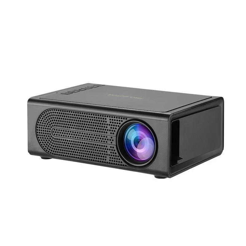 Black portable mini projector with wired mobile phone connection and international power plugs