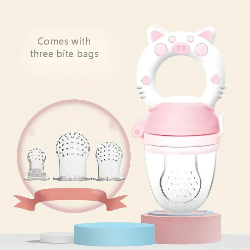 A blue silicone baby teether with a textured mouthpiece for chewing.