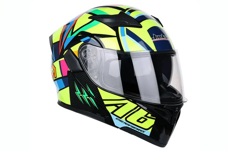 Plastic motorcycle racing helmet with adjustable 55-63cm fit, 38x27cm, available in Black Blue Green Red Yellow
