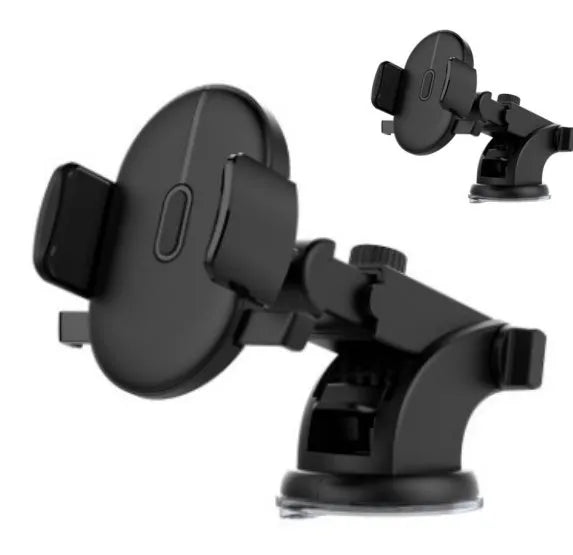 Yellow and black car phone holder with telescopic arm and suction cup mount on a dashboard