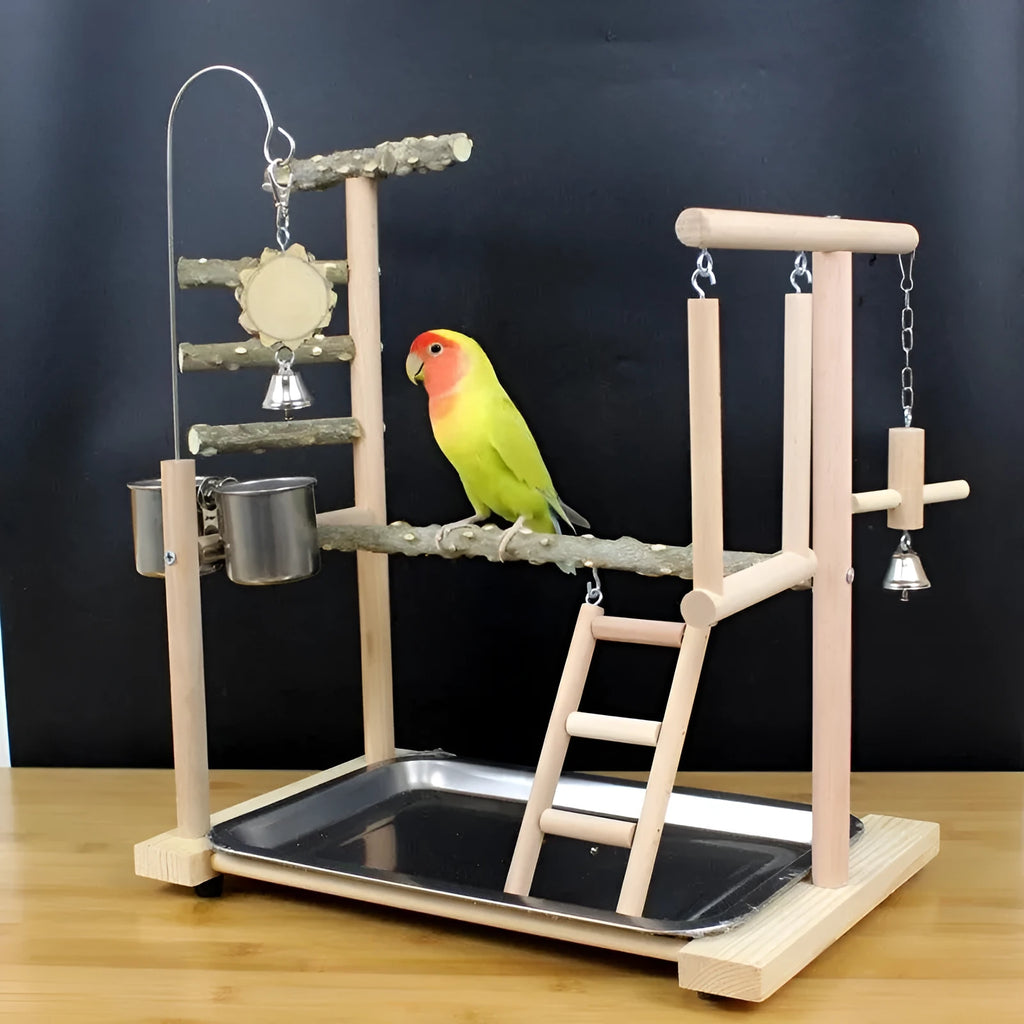 Pepper wood parrot toy stand with a textured bird perch and flat platform for small parrots.
