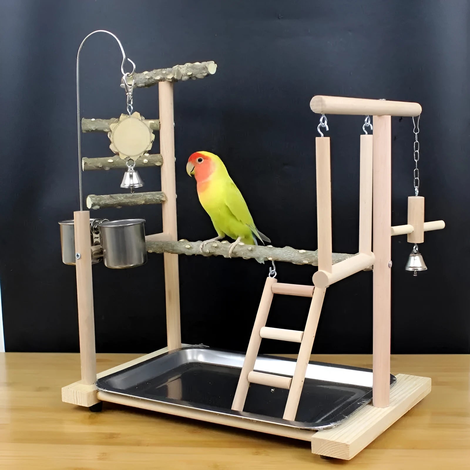 Pepper wood parrot toy stand with a textured bird perch and flat platform for small parrots.