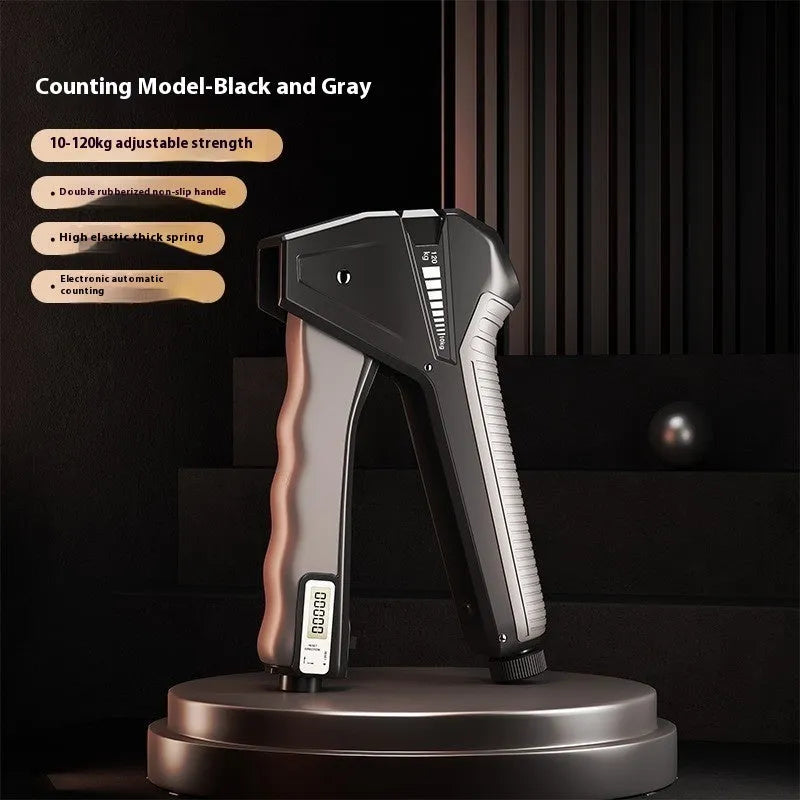 Adjustable hand gripper strength trainer with mechanical counter display in black.