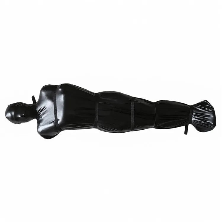 Black patent leather BDSM restraint set with full body wrap and six ratchet straps