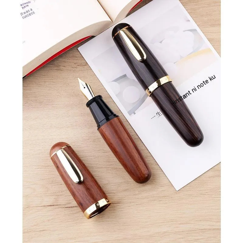 Short chubby solid wood ink pen with fine tip in Ebony Rosewood finish, gift box packaging