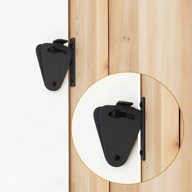 Black stainless steel sliding barn door lock shown in M and S size options