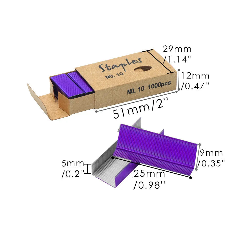 Box of 1000 metal office staples showing black, purple, rose gold, and rose red colour options.