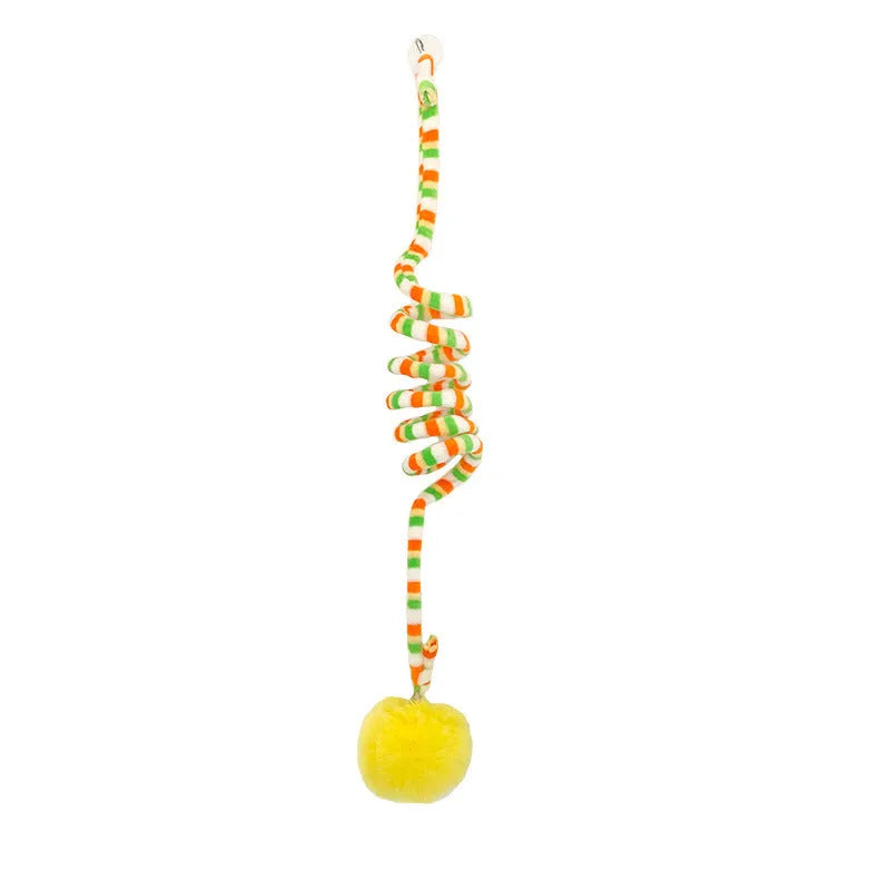 Spring cat toy with bell stick and inflatable ball hanging from door with suction cup