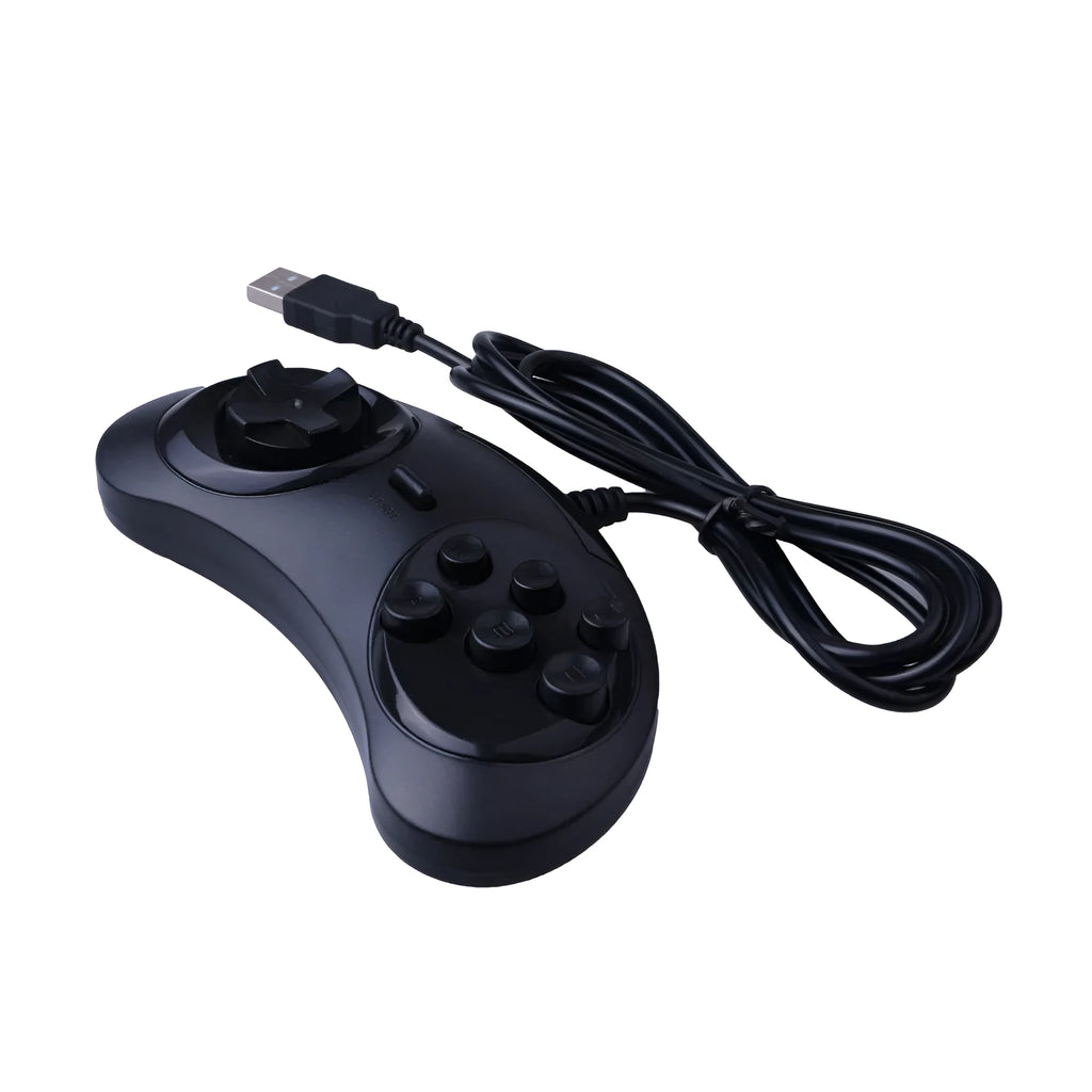 Black Sega USB PC game controller with 1.8 metre cable on white background