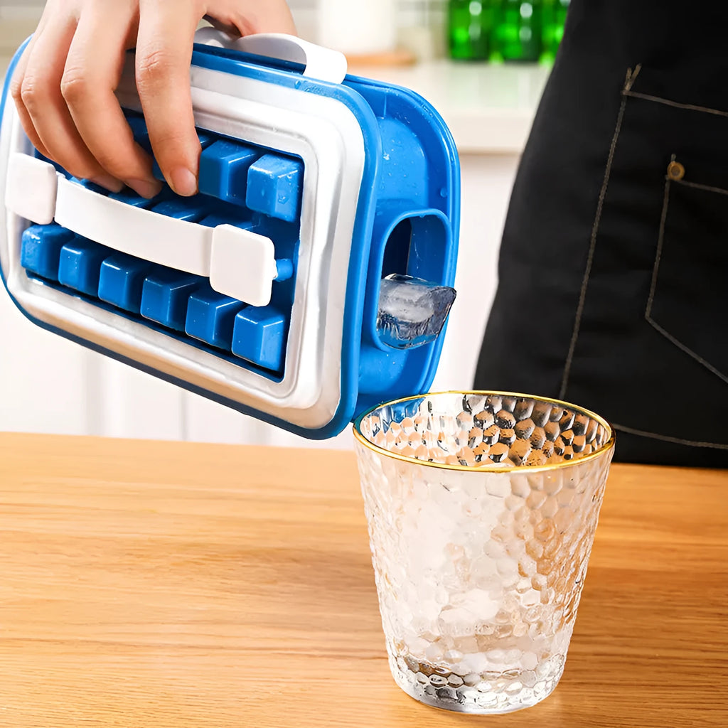 Blue silicone ice cube tray with 36 grid mould and lid on a white surface