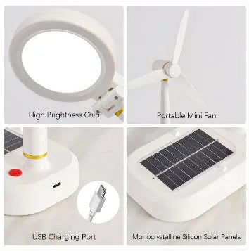 Ivory white solar-powered table fan and LED study lamp with Type-C charging port