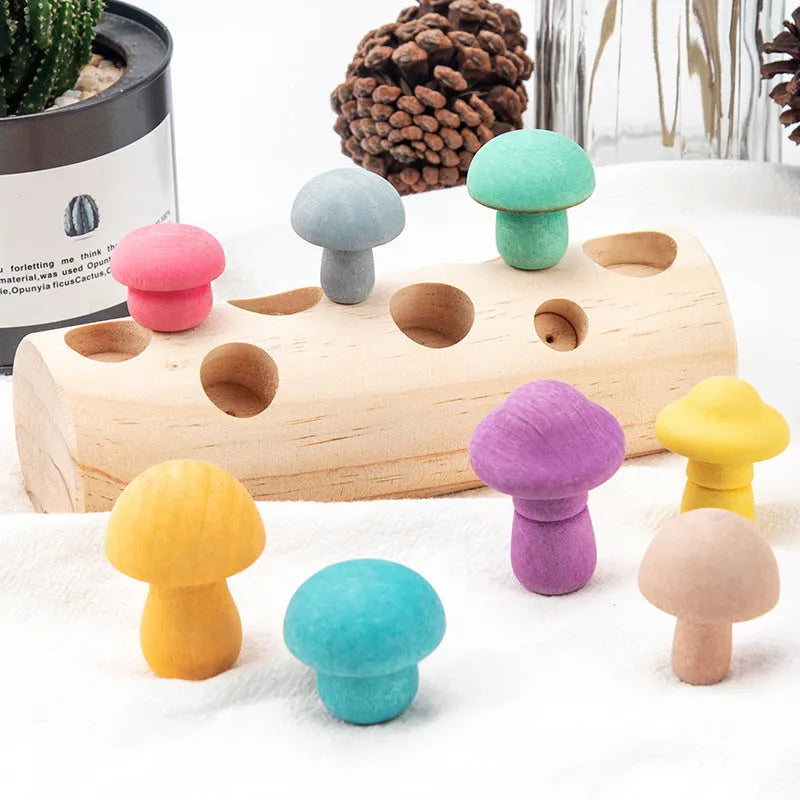 Wooden simulation mushroom picking game puzzle toy in wood colour on white background
