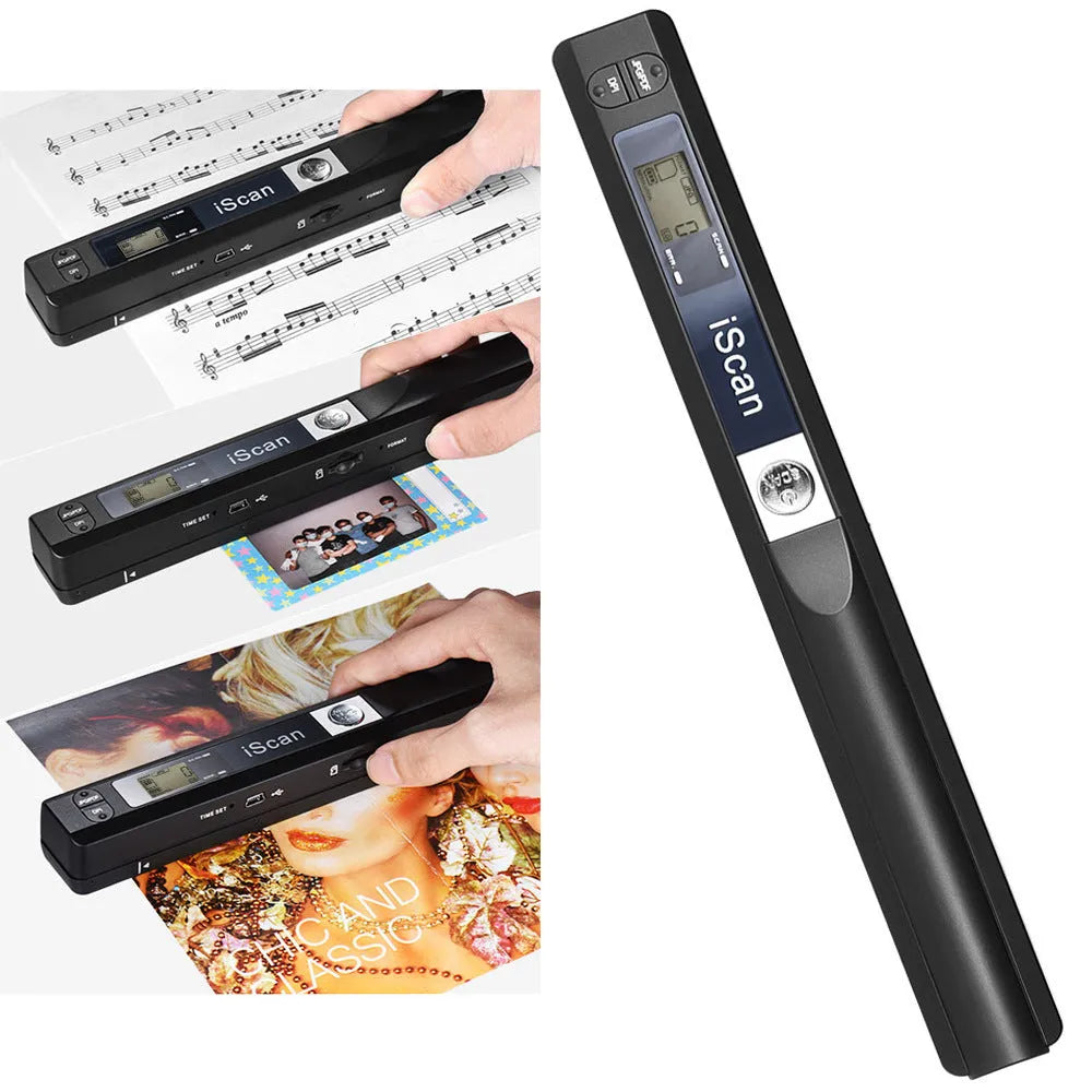 Handheld barcode scanner in five colour options: black, blue, green, red, and silver.