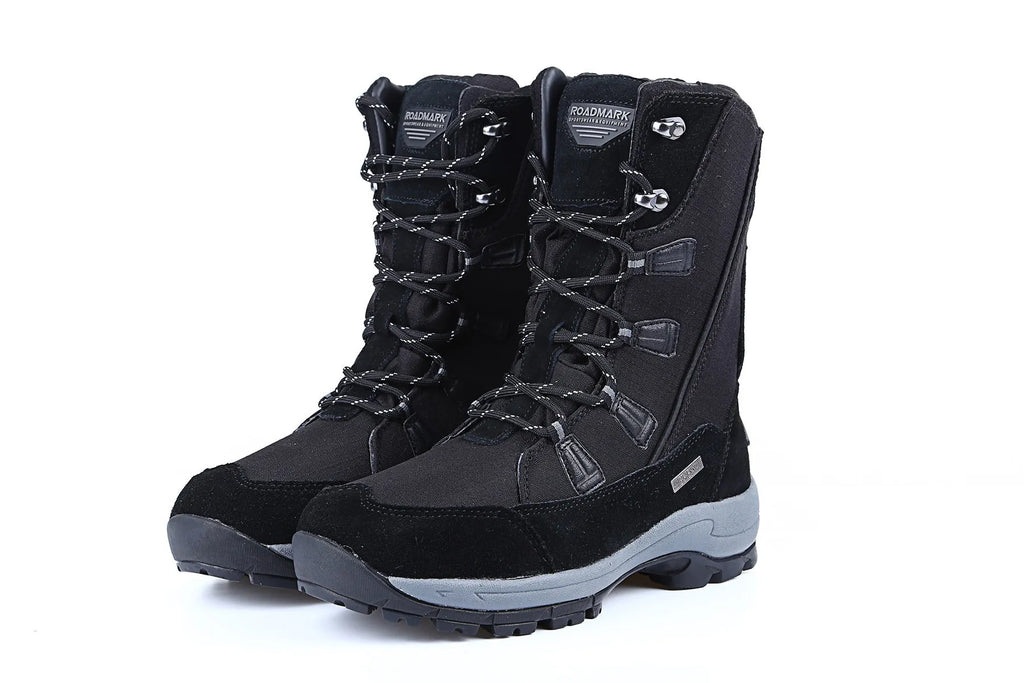 Women's black genuine leather mid-calf thermal snow boots with a round toe and rubber sole.