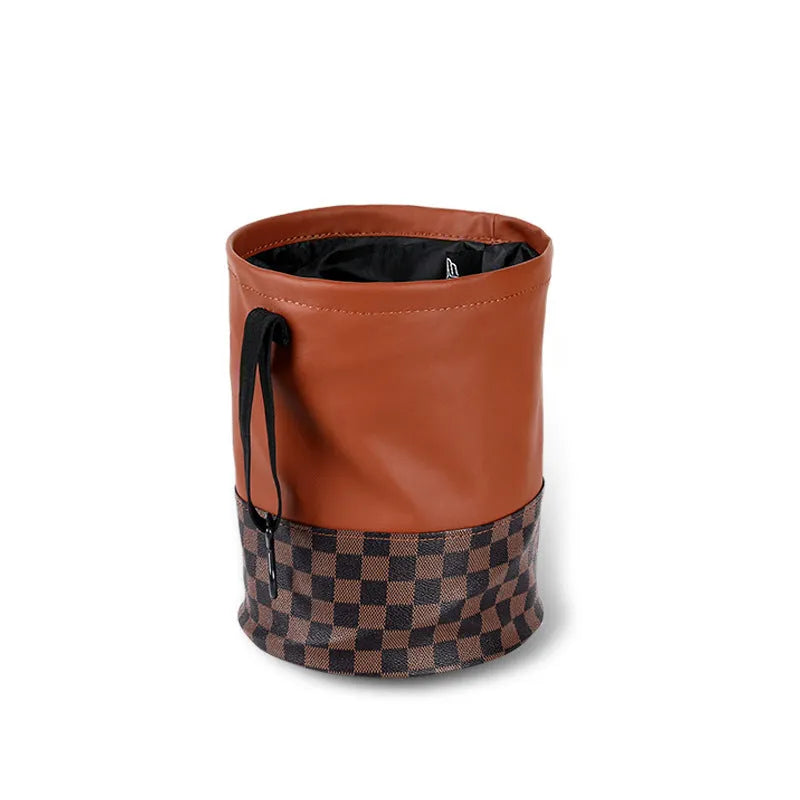 Leather retractable car trash can shown in product picture with foldable design