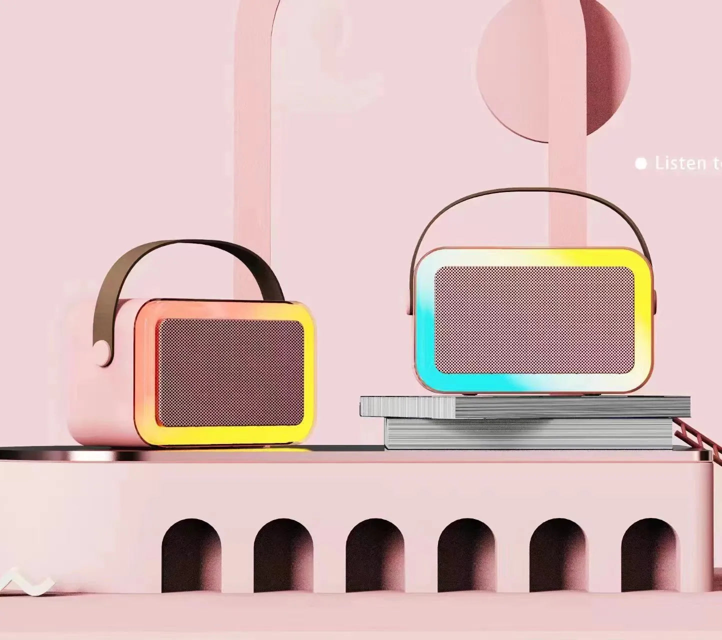 Portable Bluetooth karaoke microphone speaker in pink, sky blue or white colour with card recording slot