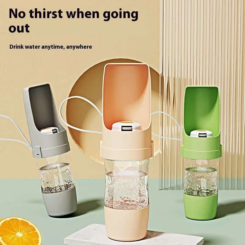 Green 2-in-1 travel dog water bottle with lanyard, showing water dispenser and food container compartments.