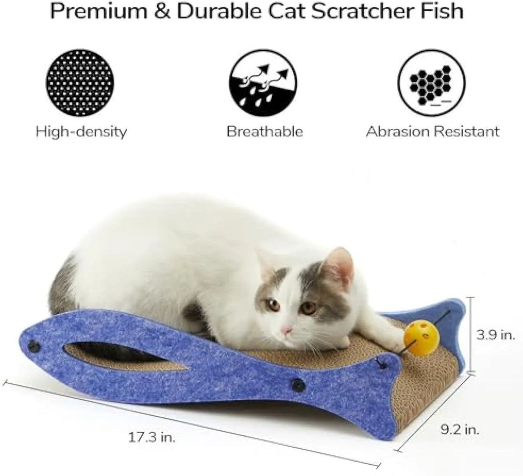 Blue fish-shaped cardboard cat scratcher lounger with a dangling bell ball toy.
