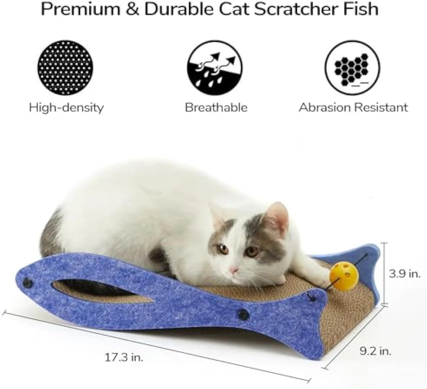 Blue fish-shaped cardboard cat scratcher lounger with a dangling bell ball toy.