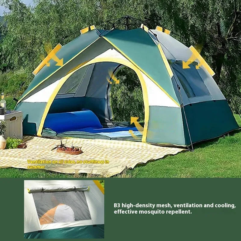 Dark green silver glue automatic quick-open camping tent for 3-4 people with storage bag and accessories