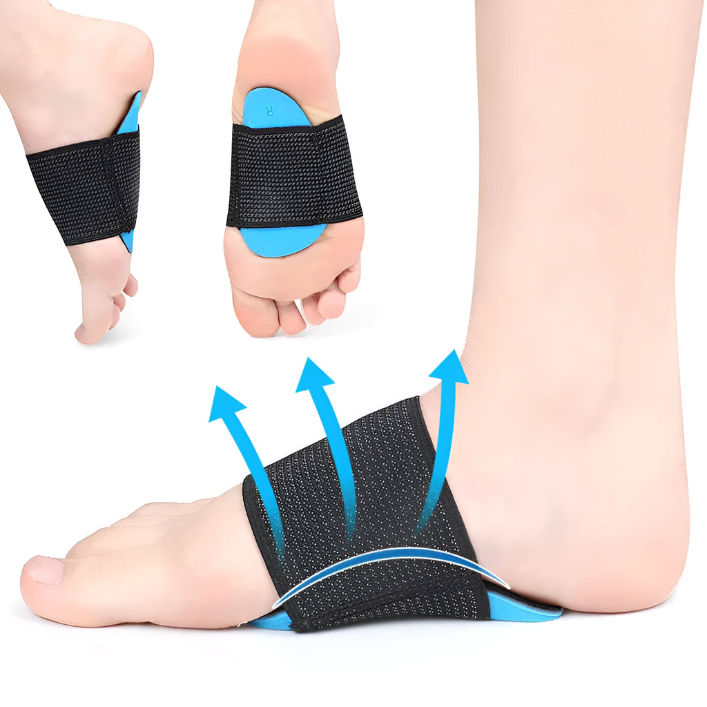 Blue elastic bandage arch support foot pad for flat feet, shown in adult size.