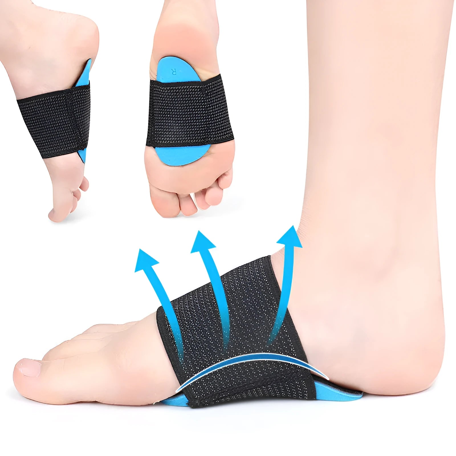 Blue elastic bandage arch support foot pad for flat feet, shown in adult size.