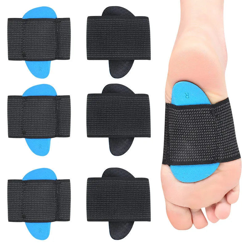 Blue elastic bandage arch support foot pad for flat feet, shown in adult size.