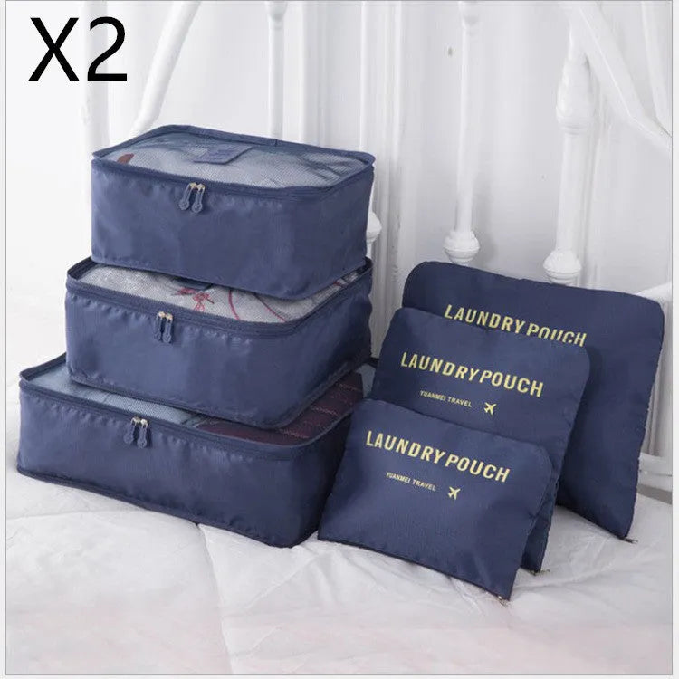 6 piece polyester travel storage bag set in hand bag type shape for clothes and cosmetic organisation, various colour options