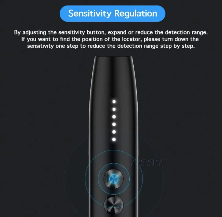 WT09 portable spy gadget detector with antenna, pen-style black body, and signal strength LED indicators on a table