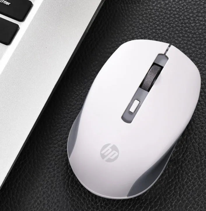 Silent Wireless Mouse with optical sensor, 2.4 GHz connection, available in White, shown on a wooden desk