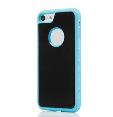 Anti Gravity Phone Case in black with self-adhesive back shown stuck to a glass surface