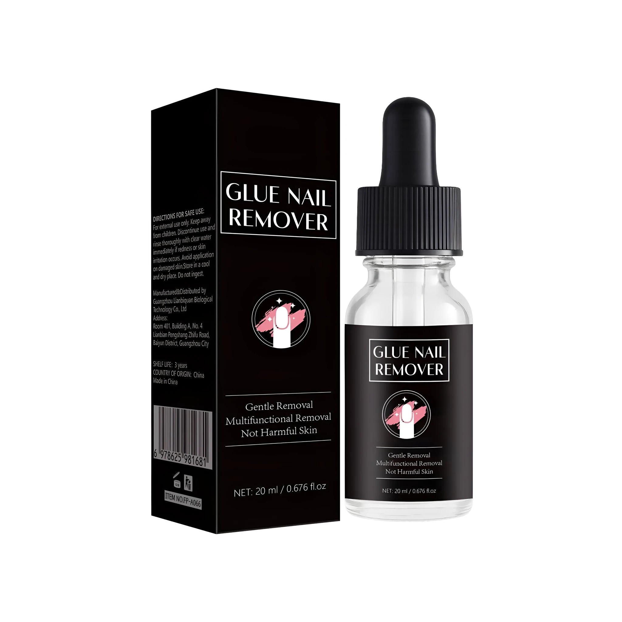 20ml bottle of nail glue remover with a black applicator brush attached to the lid.