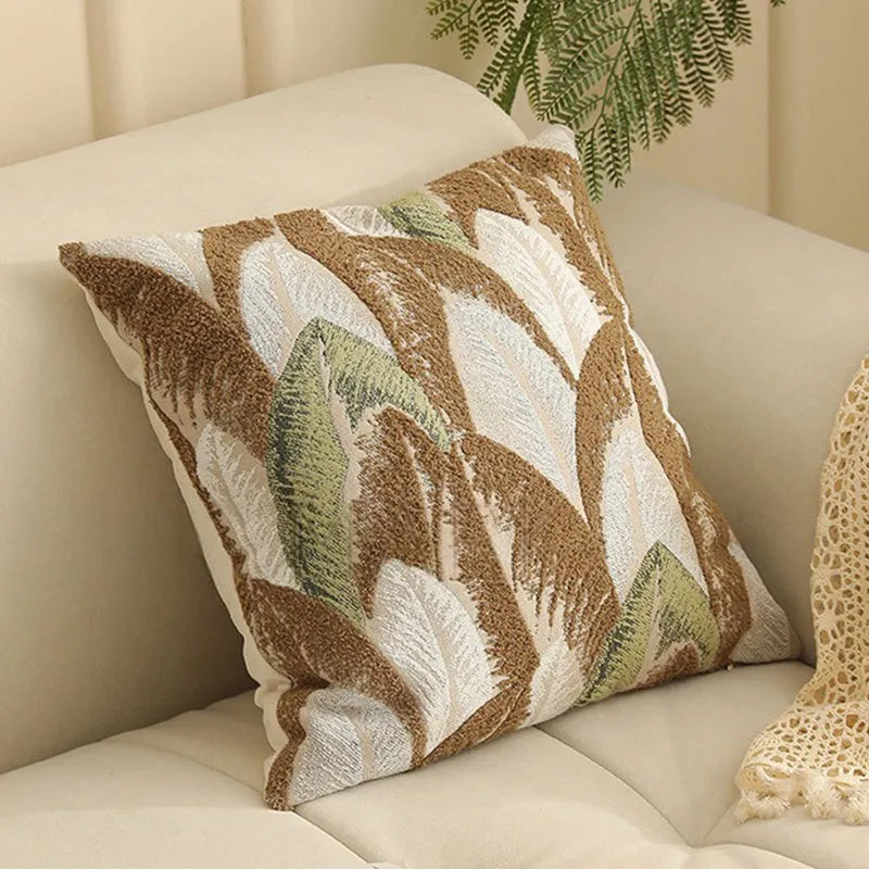 Yarn-dyed jacquard floral pattern cushion cover in 45x45cm size on a grey sofa.