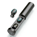 Wireless dual ear Bluetooth headset in black with magnetic charging case showing battery level display