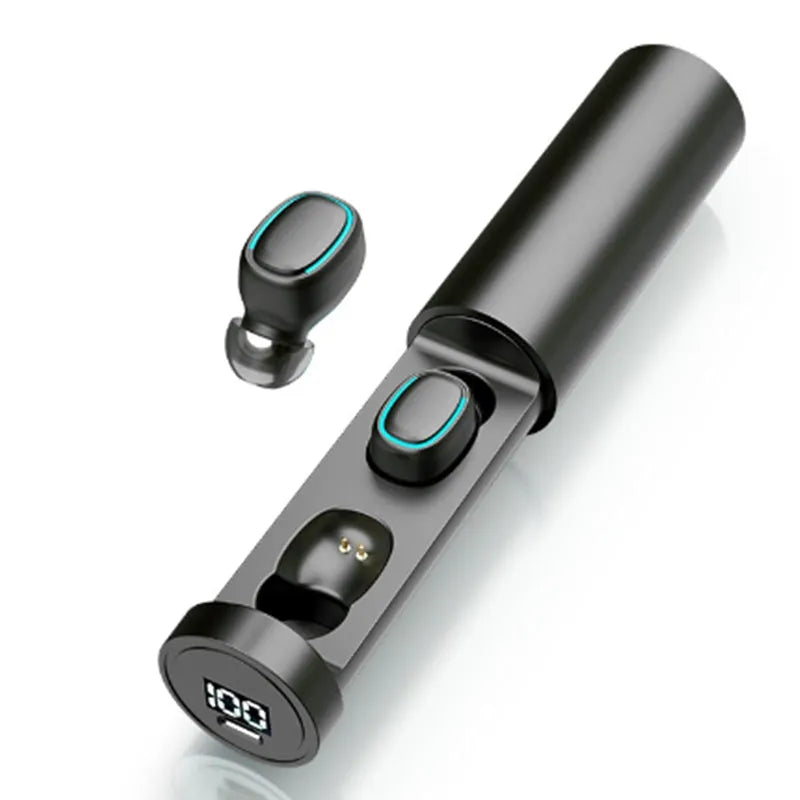 Wireless dual ear Bluetooth headset in black with magnetic charging case showing battery level display