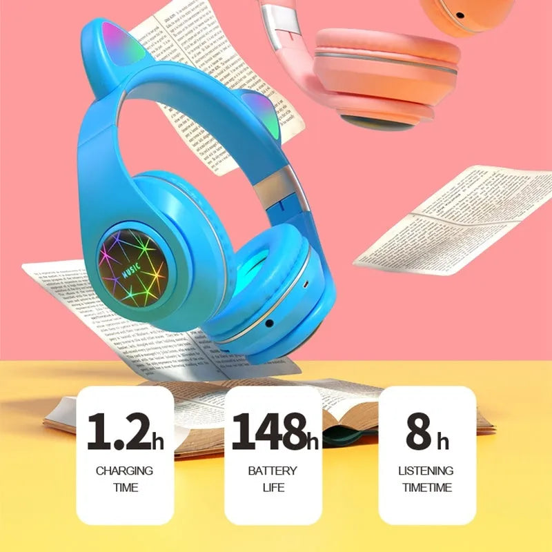 Cat ear wireless Bluetooth sports headset in various colours showing head-mounted design