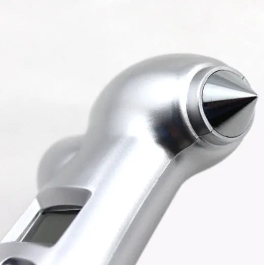 Silver four-in-one digital tyre pressure gauge with safety hammer and emergency light on white background