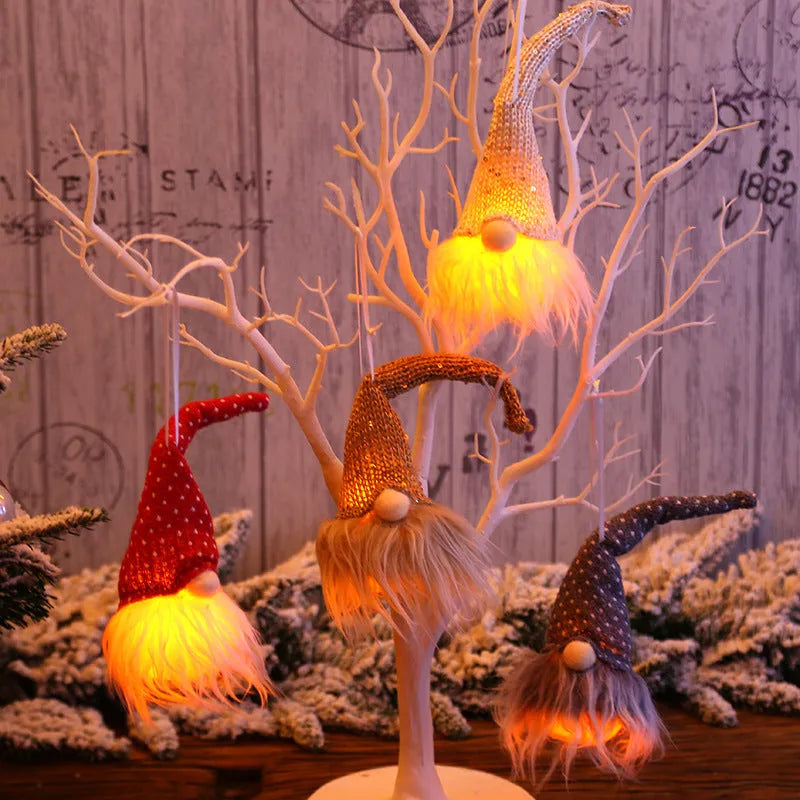 Handmade Swedish gnome LED Christmas tree ornament with warm light, yarn plush body 8x20cm beige colour