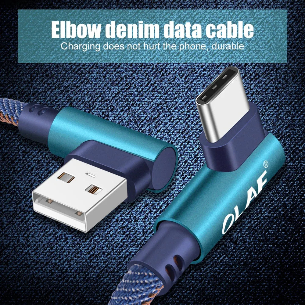 Denim fabric USB charging cable with aluminium connectors in various lengths and colours