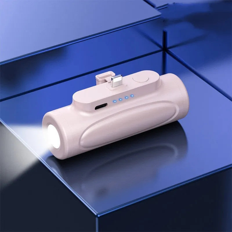 Black or pink creative power bank glare flashlight showing LED torch and charging port, dimensions 83x27x41mm.